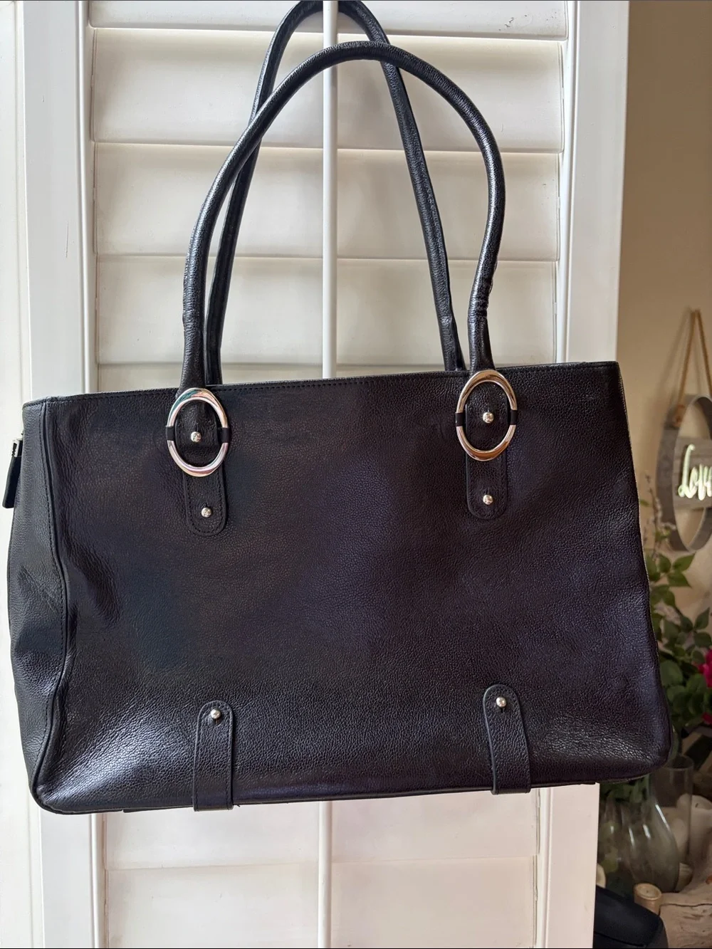 Franklin Covey Black Leather-Look Laptop Tote with Silver Hardware